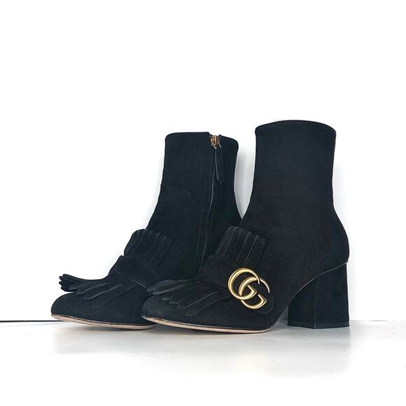 Gucci Shoes - Gucci GG Marmont Fringe Black Suede Ankle Boots 36.5